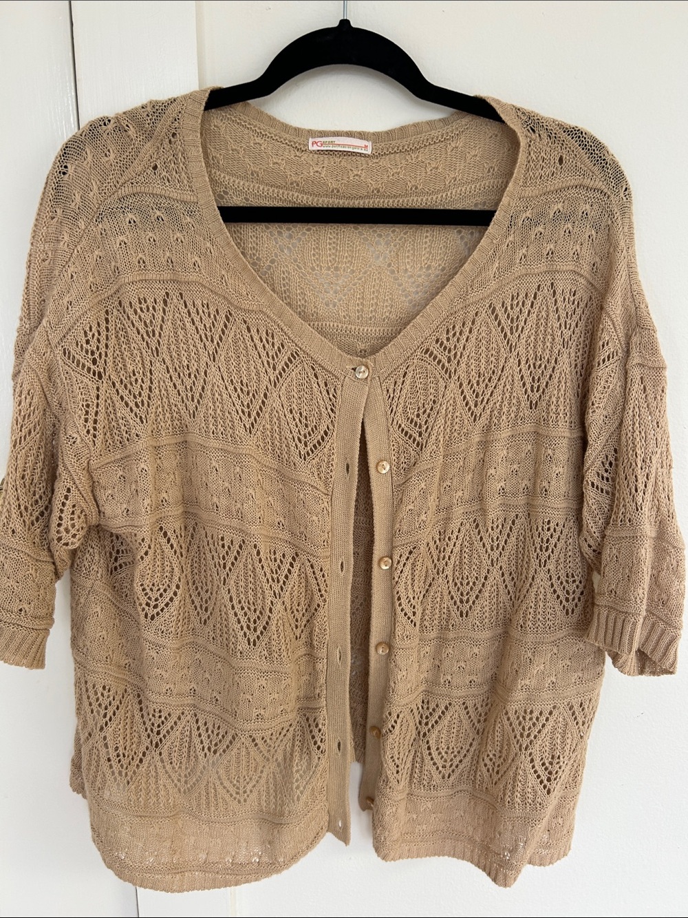 Light Taupe Open-Knit V-Neck Button Front Cardigan